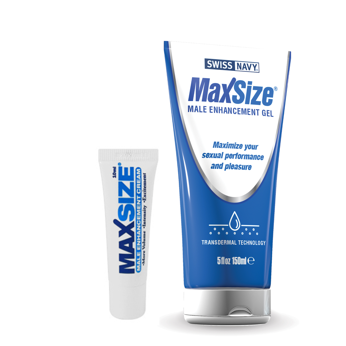 A side-by-side product shot of Swiss Navy MaxSize male enhancement products against a plain white background. On the left is a small, 10ml travel-sized white squeeze tube. On the right is a larger, 150ml (5 fl. oz.) white and blue stand-up tube with a metallic silver flip-top cap.