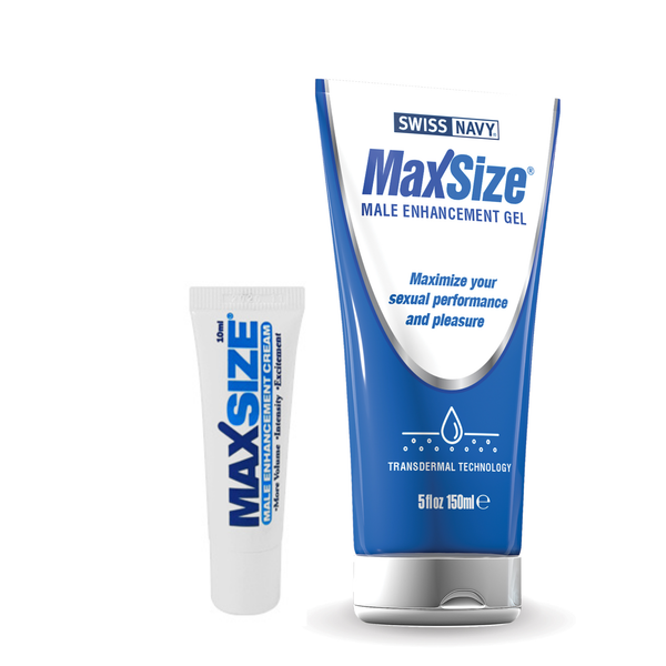A side-by-side product shot of Swiss Navy MaxSize male enhancement products against a plain white background. On the left is a small, 10ml travel-sized white squeeze tube. On the right is a larger, 150ml (5 fl. oz.) white and blue stand-up tube with a metallic silver flip-top cap.