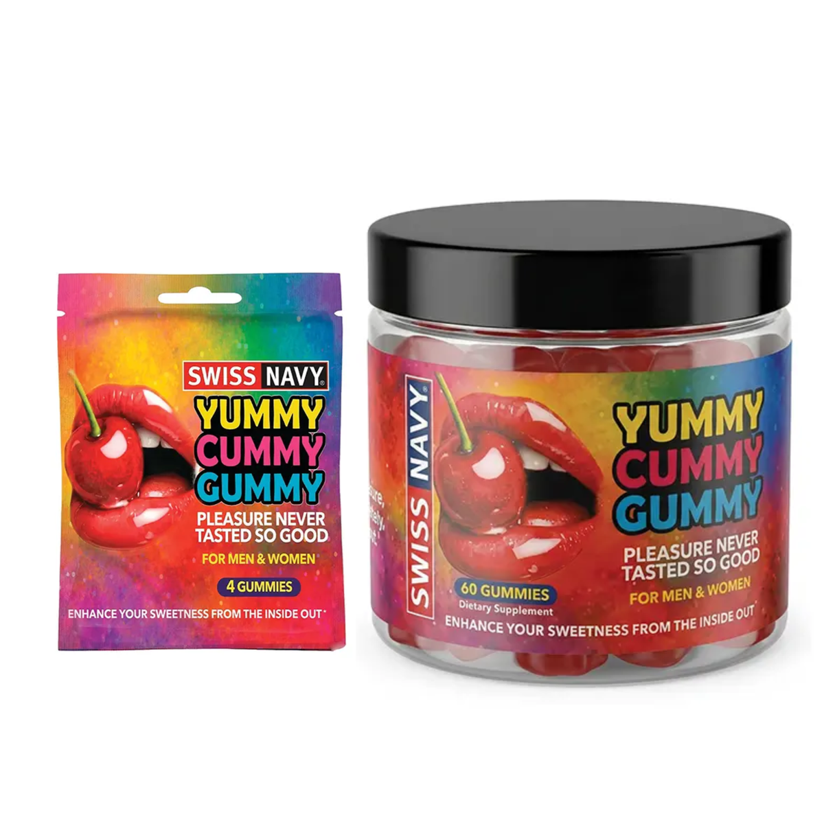 Studio composition showing both retail formats side-by-side: the 4-count sample pouch and the 60-count supplement jar. Hauptbild