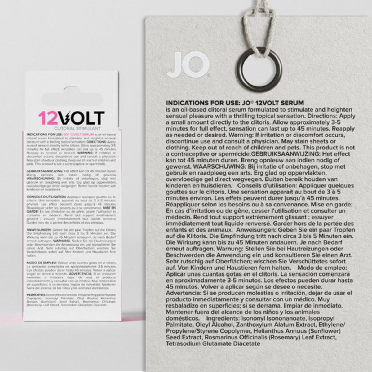 The back panel of the System JO 12VOLT box, showing detailed text labeled "INDICATIONS FOR USE: JO 12VOLT SERUM" in multiple languages. The right side features a magnified version of the English text for easy reading.