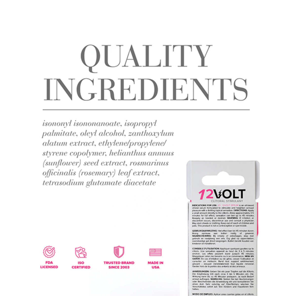 A white infographic titled "QUALITY INGREDIENTS" listing the formulation components of the serum. The bottom features four red icon badges labeled FDA Licensed, ISO Certified, Trusted Brand Since 2003, and Made in USA.