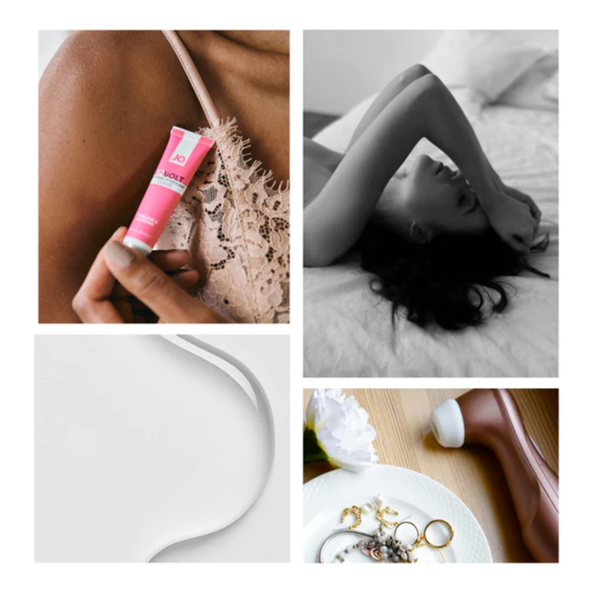 A four-panel photo collage showcasing intimate lifestyle images. It features a close-up of the pink System JO 12VOLT tube, a woman lying on a bed, a clear gel texture swipe, and a rose-gold clitoral toy resting on a wooden surface.