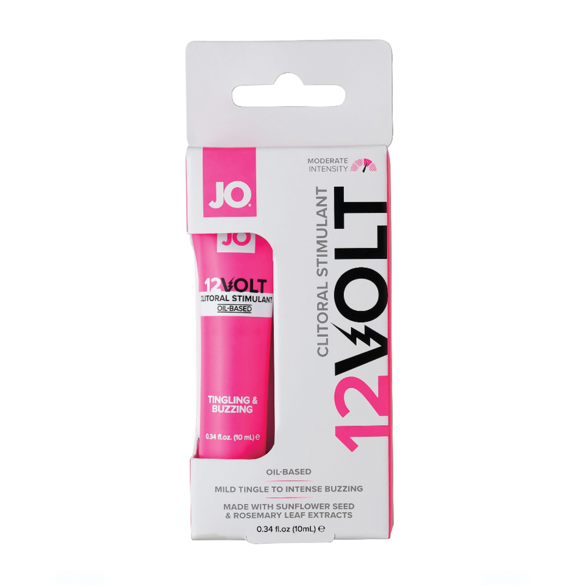 Studio product shot of the System JO 12VOLT Clitoral Stimulant box on a plain white background. The white box features bold pink lettering, a small intensity gauge meter, and a cutout displaying the pink tube inside. Hauptbild