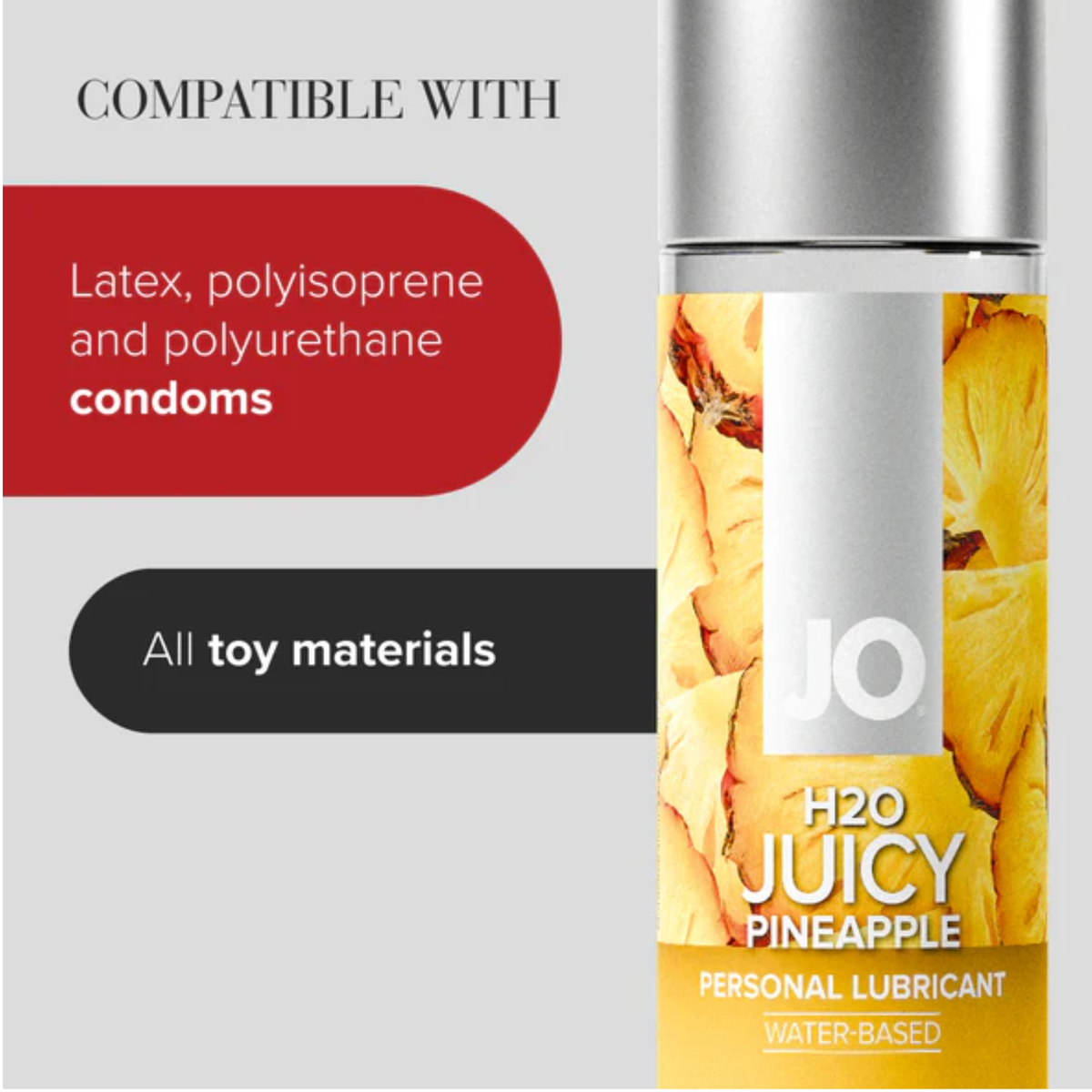 A close-up of a System JO H2O Juicy Pineapple bottle beside red and black compatibility banners. The text specifies it is compatible with latex, polyisoprene, and polyurethane condoms, plus all toy materials.