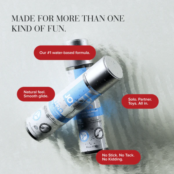 Two bottles of System JO H2O Personal Lubricant crossed over each other against a textured grey background. The image is titled "MADE FOR MORE THAN ONE KIND OF FUN" with red bubbles highlighting its smooth, non-sticky formula.