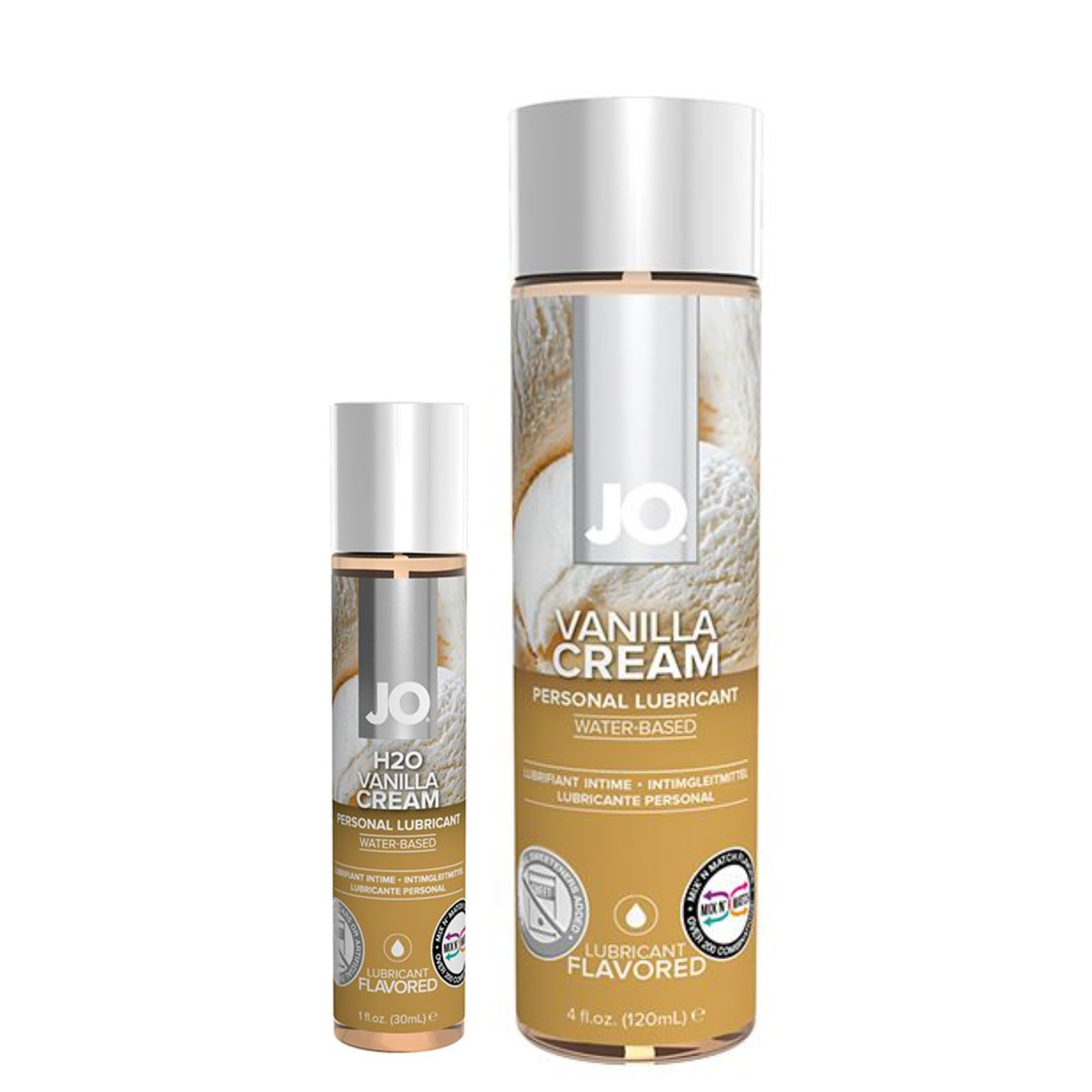 Front view of two cylindrical bottles of System JO H2O Vanilla Cream water-based personal lubricant, standing side-by-side against a white background. The smaller 30 ml (1 fl. oz.) bottle is on the left, and the larger 120 ml (4 fl. oz.) bottle is on the right. Both feature clean white caps and a tan-and-brown labeled design showcasing a graphic of a textured scoop of vanilla ice cream behind the prominent white "JO" logo. Hauptbild