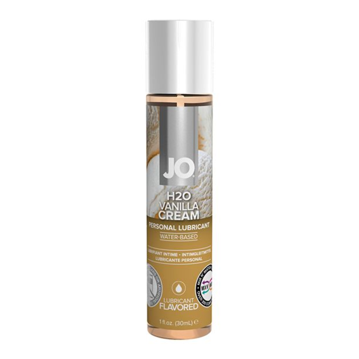 Front view of a slim, cylindrical 30 ml (1 fl. oz.) bottle of System JO H2O Vanilla Cream personal lubricant. The label has a metallic silver vertical banner with the white "JO" logo, over an image of vanilla ice cream. The bottom half is a solid tan color featuring the text "LUBRICANT FLAVORED" along with circular feature icons. It is topped with a smooth white cap.