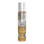 Front view of a slim, cylindrical 30 ml (1 fl. oz.) bottle of System JO H2O Vanilla Cream personal lubricant. The label has a metallic silver vertical banner with the white "JO" logo, over an image of vanilla ice cream. The bottom half is a solid tan color featuring the text "LUBRICANT FLAVORED" along with circular feature icons. It is topped with a smooth white cap.