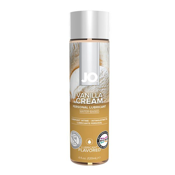 Front view of a wide, cylindrical 120 ml (4 fl. oz.) bottle of System JO Vanilla Cream water-based personal lubricant. The design includes a large white cap, a vertical silver accent strip highlighting the white "JO" brand logo, a graphic of vanilla ice cream, and a tan lower section labeled "VANILLA CREAM PERSONAL LUBRICANT WATER-BASED" with product volume at the bottom.
