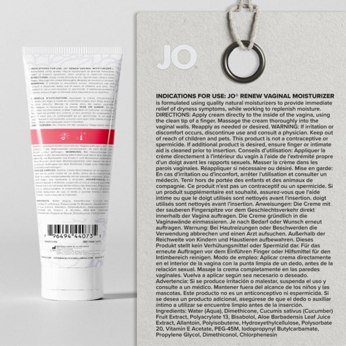 A split image showing the back of the JO Renew Vaginal Moisturizer tube on the left and a detailed product information card on the right. The text includes detailed indications for use, directions, warnings, and ingredients in English, French, German, and Spanish.