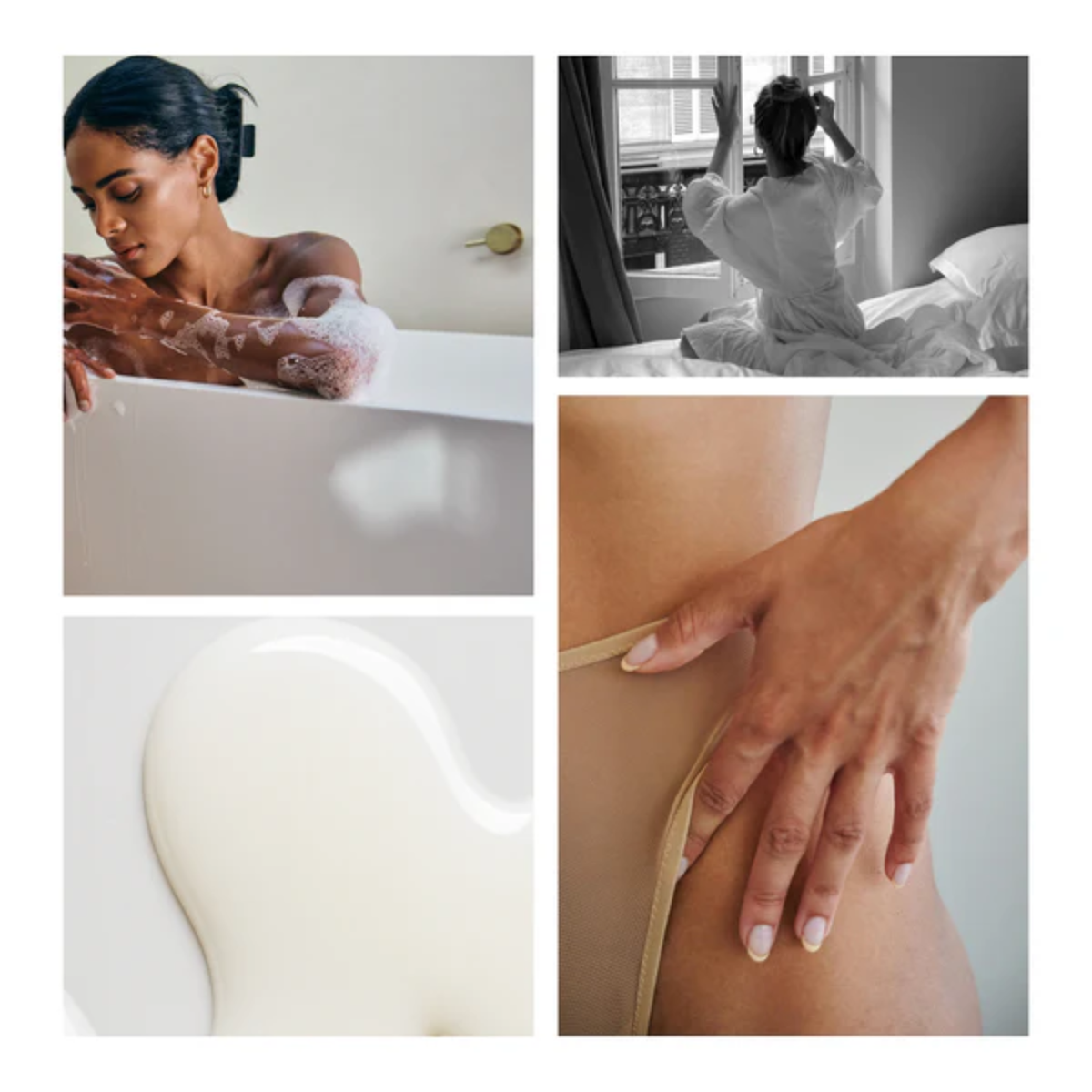 A four-panel collage showcasing product texture and lifestyle imagery. It includes a woman relaxing in a bubbly bath, a black-and-white photo of a woman by a window, a smooth close-up swatch of the thick white moisturizer, and a hand resting on a hip over neutral-toned underwear.