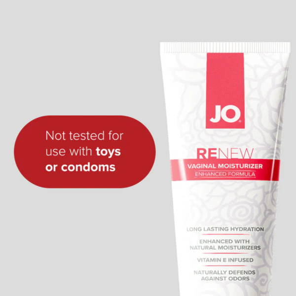A close-up of the JO Renew Vaginal Moisturizer tube with a prominent red graphic bubble on the left that states: "Not tested for use with toys or condoms."