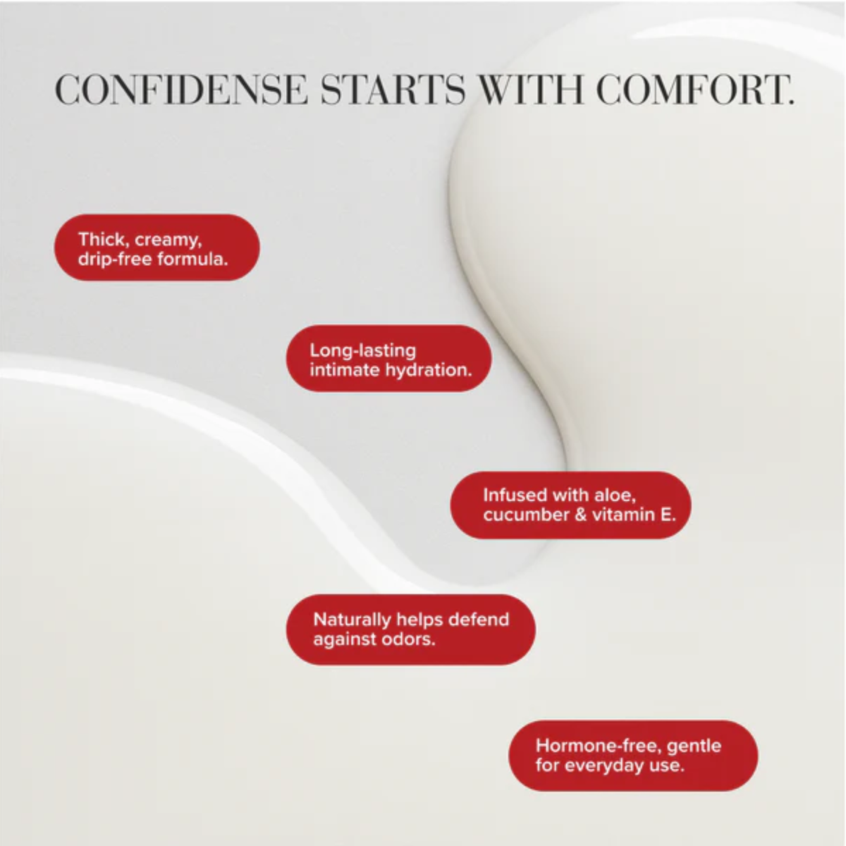 A smooth, creamy white background mimicking the texture of the lotion with the heading "CONFIDENCE STARTS WITH COMFORT." Red text bubbles highlight key features: "Thick, creamy, drip-free formula," "Long-lasting intimate hydration," "Infused with aloe, cucumber & vitamin E," "Naturally helps defend against odors," and "Hormone-free, gentle for everyday use."