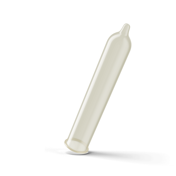 Straight-shaped clear condom in a white background.