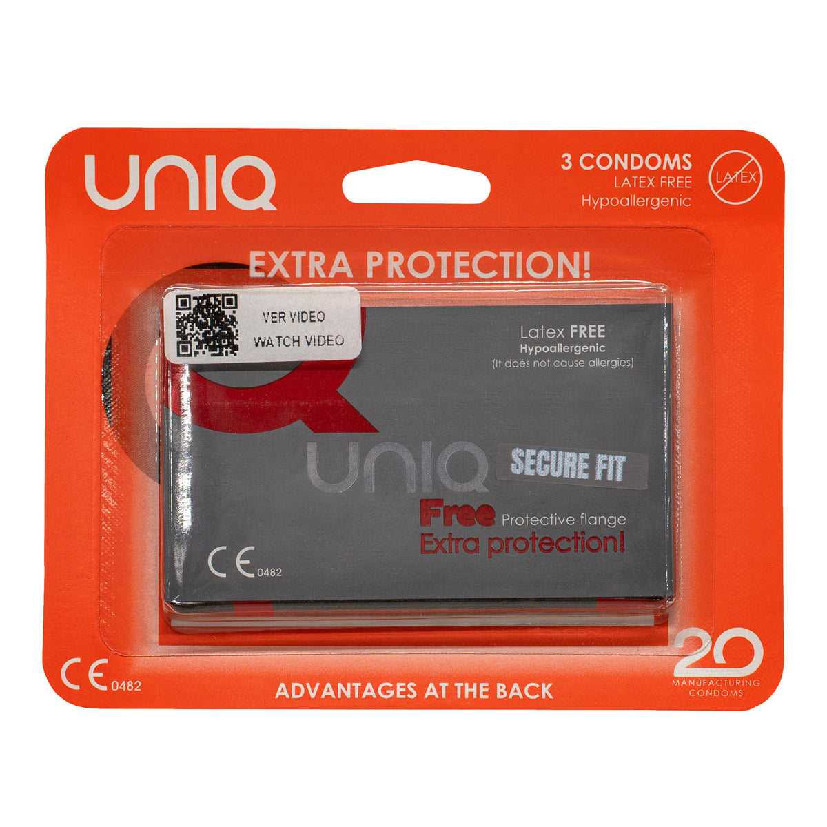 A product shot of a three-pack of UNIQ Free Secure Fit condoms. The packaging is red-orange and white, and features the text "Extra protection!" "Latex FREE Hypoallergenic," and "3 CONDOMS."  Hauptbild