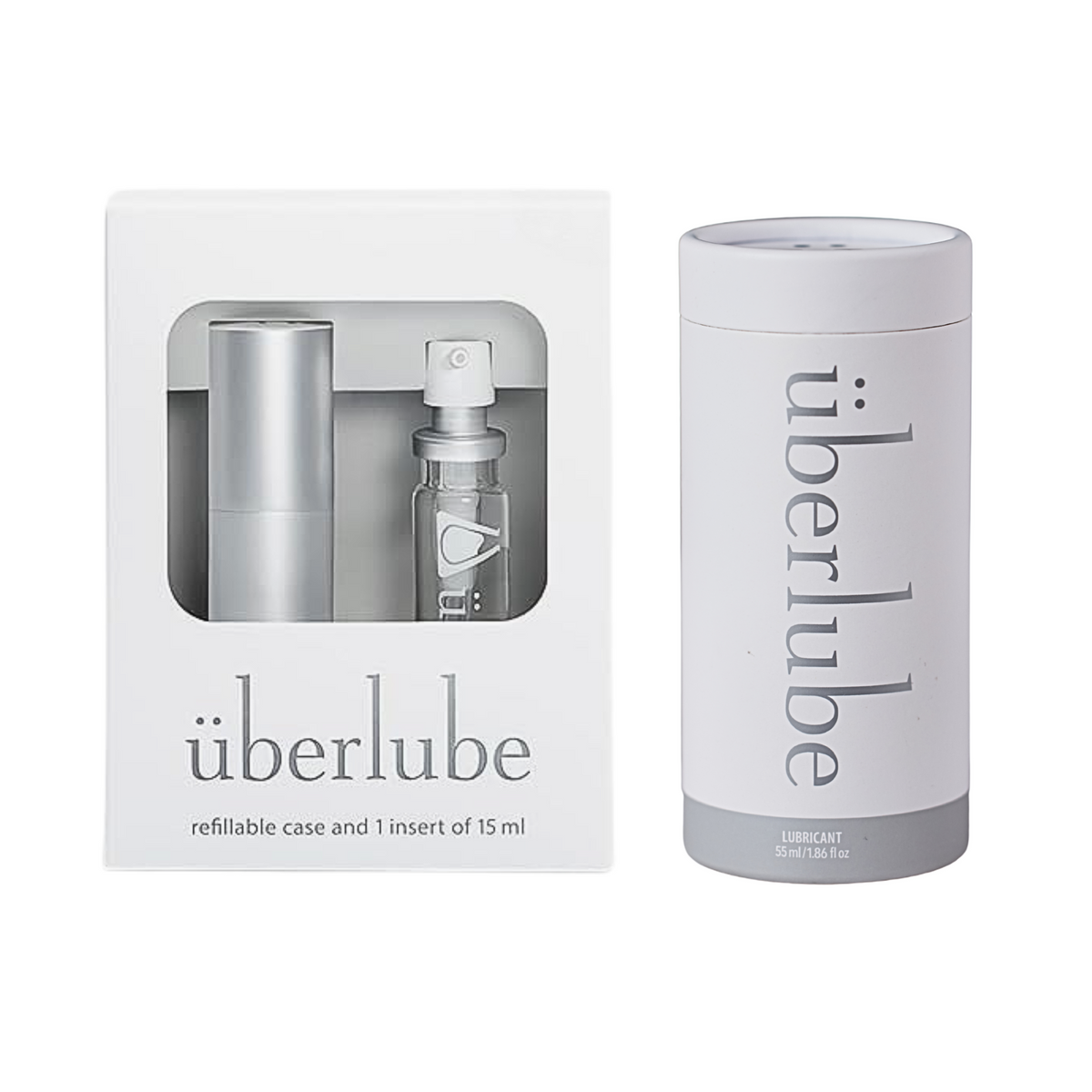 To the left, a white box showcases the Überlube refillable case and a 15ml insert, while to the right, a white cylindrical tube of 55ml Überlube lubricant stands upright. These elegant packaging options demonstrate WorldCondoms' commitment to offering discreet and high-quality personal care products. Hauptbild