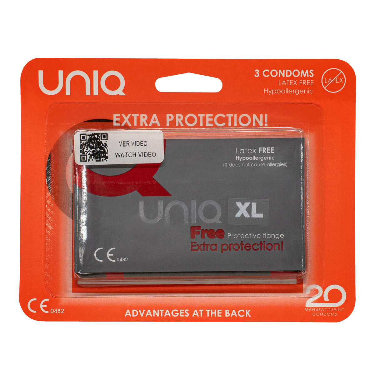 A product shot of a three-pack of UNIQ Free XL condoms. The packaging is a red-orange blister pack holding a gray foil packet. The packet says "Latex FREE Hypoallergenic," "Free Protective flange," and "Extra protection!" Hauptbild