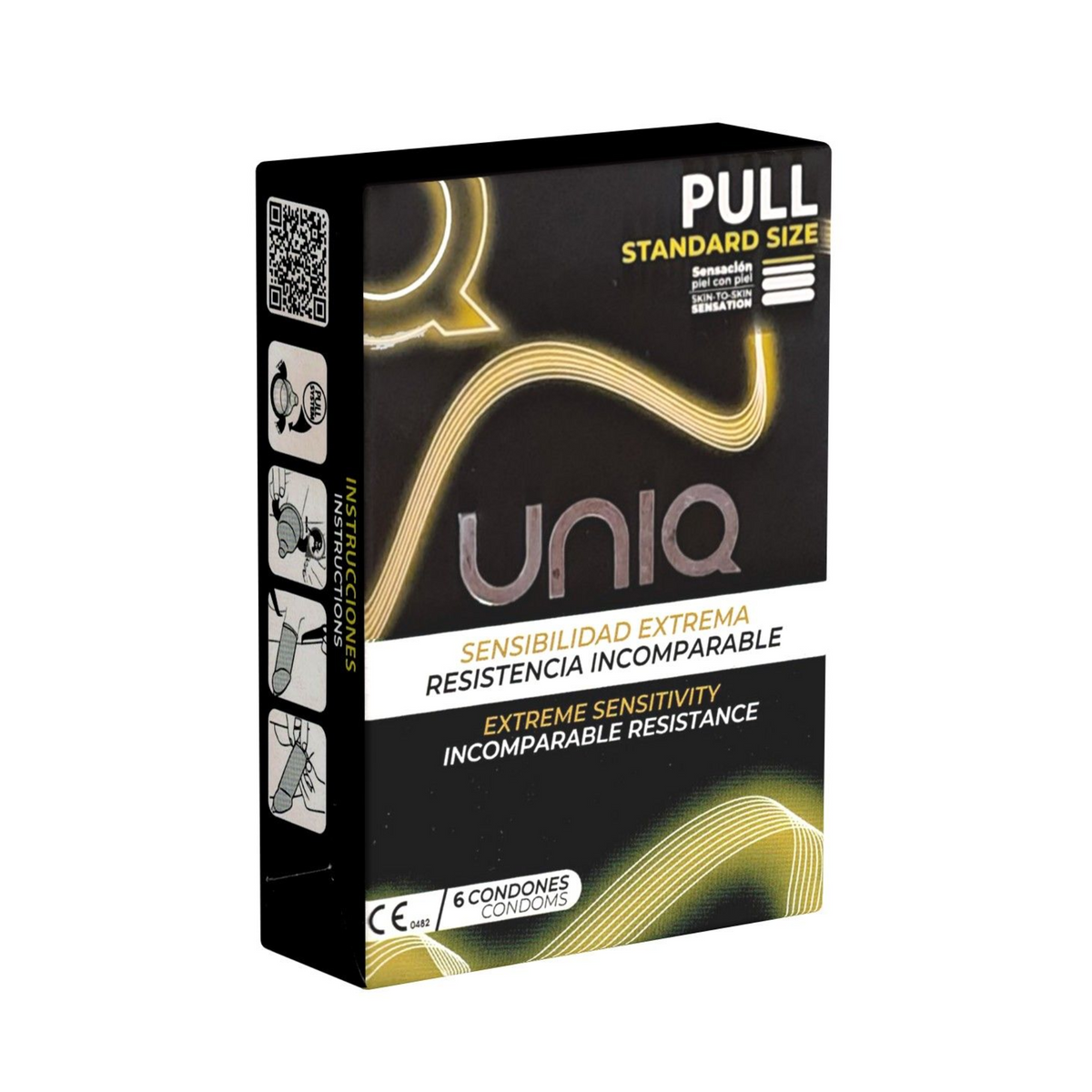 An image of a black box of Uniq Pull condoms. The box has a golden, wavy, abstract design on the front. The top of the box is labeled "PULL STANDARD SIZE". The box includes 6 condoms.  Hauptbild