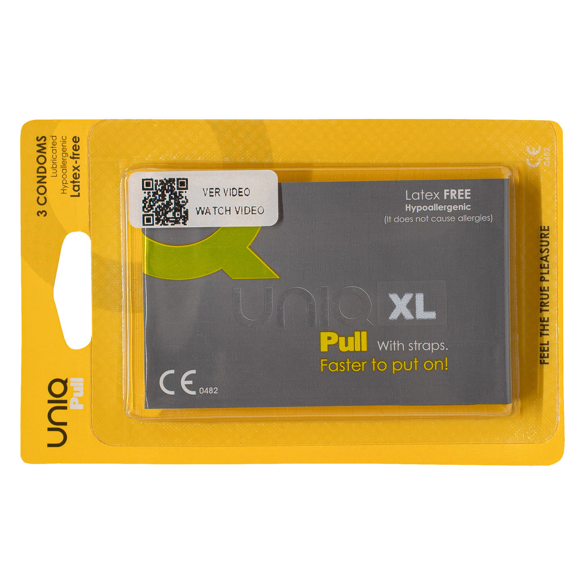 A product shot of a three-pack of UNIQ Pull XL condoms. The packaging is a yellow. The packet says "Latex FREE Hypoallergenic" and "Pull With straps. Faster to put on!". Hauptbild