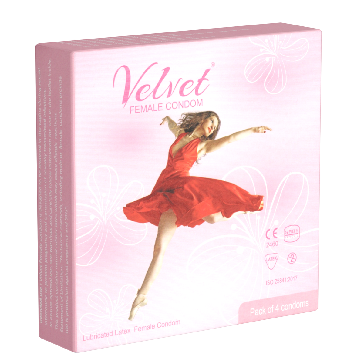 Studio product shot of a light pink Velvet Female Condom 4-pack box standing upright at a three-quarter angle, featuring an image of a dancer in a red dress alongside white floral outlines and product specifications. Hauptbild