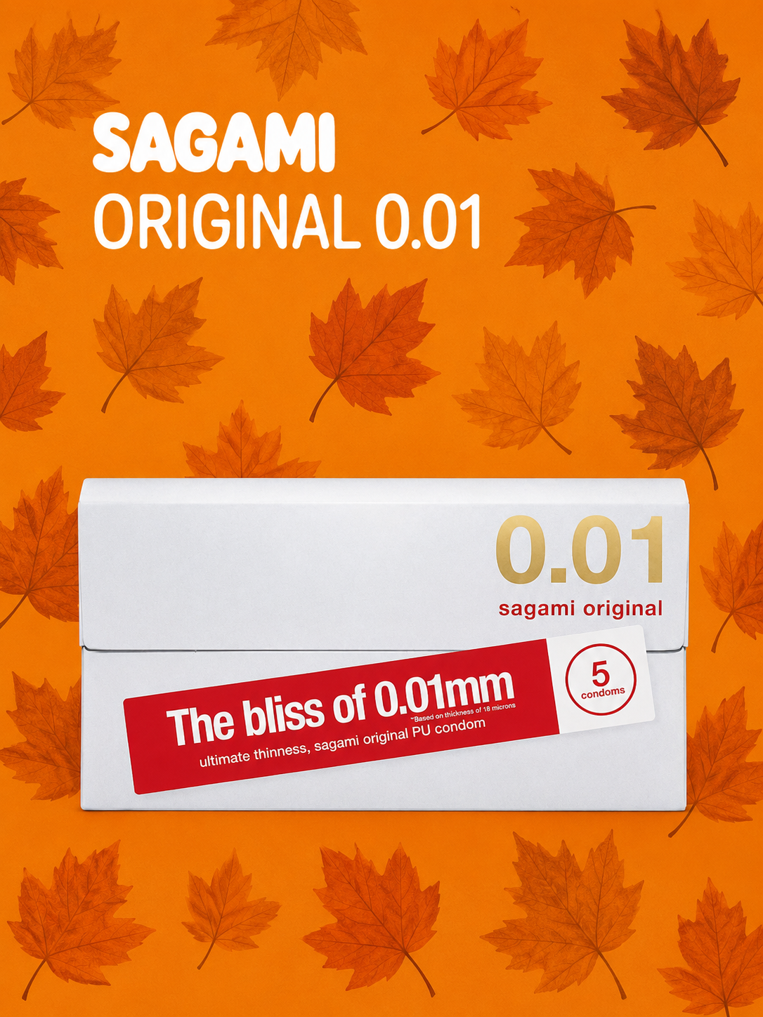 Sagami Original 0.01 mm condom box on an orange background patterned with autumn leaves.