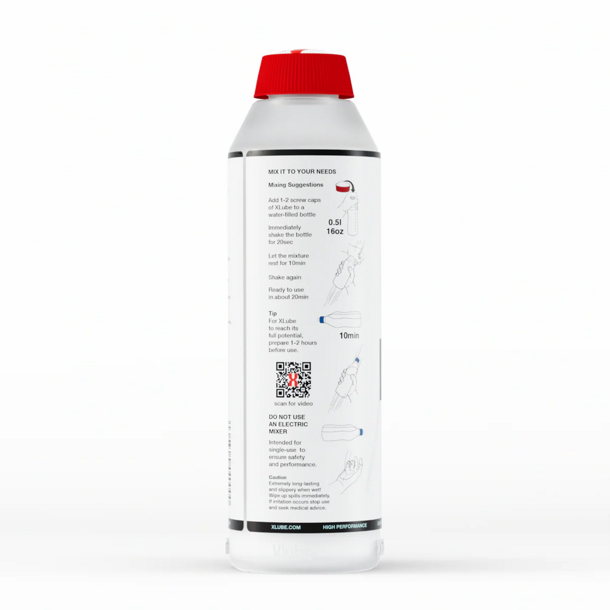 A back of a clear plastic bottle of X Lube powder lubricant. The bottle has a red cap and is primarily white with black text. The text provides mixing instructions under the heading "MIX IT TO YOUR NEEDS," including steps like "Add 1-2 screw caps of X Lube to a 0.5l / 16oz bottle" and "shake the bottle for 20sec." There's also a tip for letting it sit for 10 minutes and a warning not to use an electric mixer.