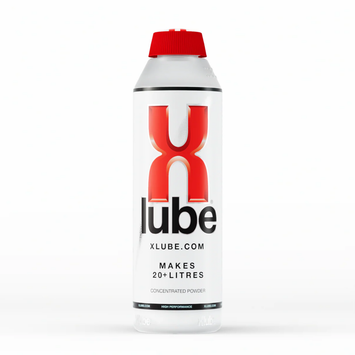 A vertical shot of a clear plastic bottle of X Lube powder lubricant in the white background. The bottle has a red cap and is primarily white with red and black text. The large red "X" and black "lube" logo is prominent in the center. Smaller text below the logo reads "Xlube.com" and "MAKES 20+ LITRES / CONCENTRATED POWDER". Hauptbild