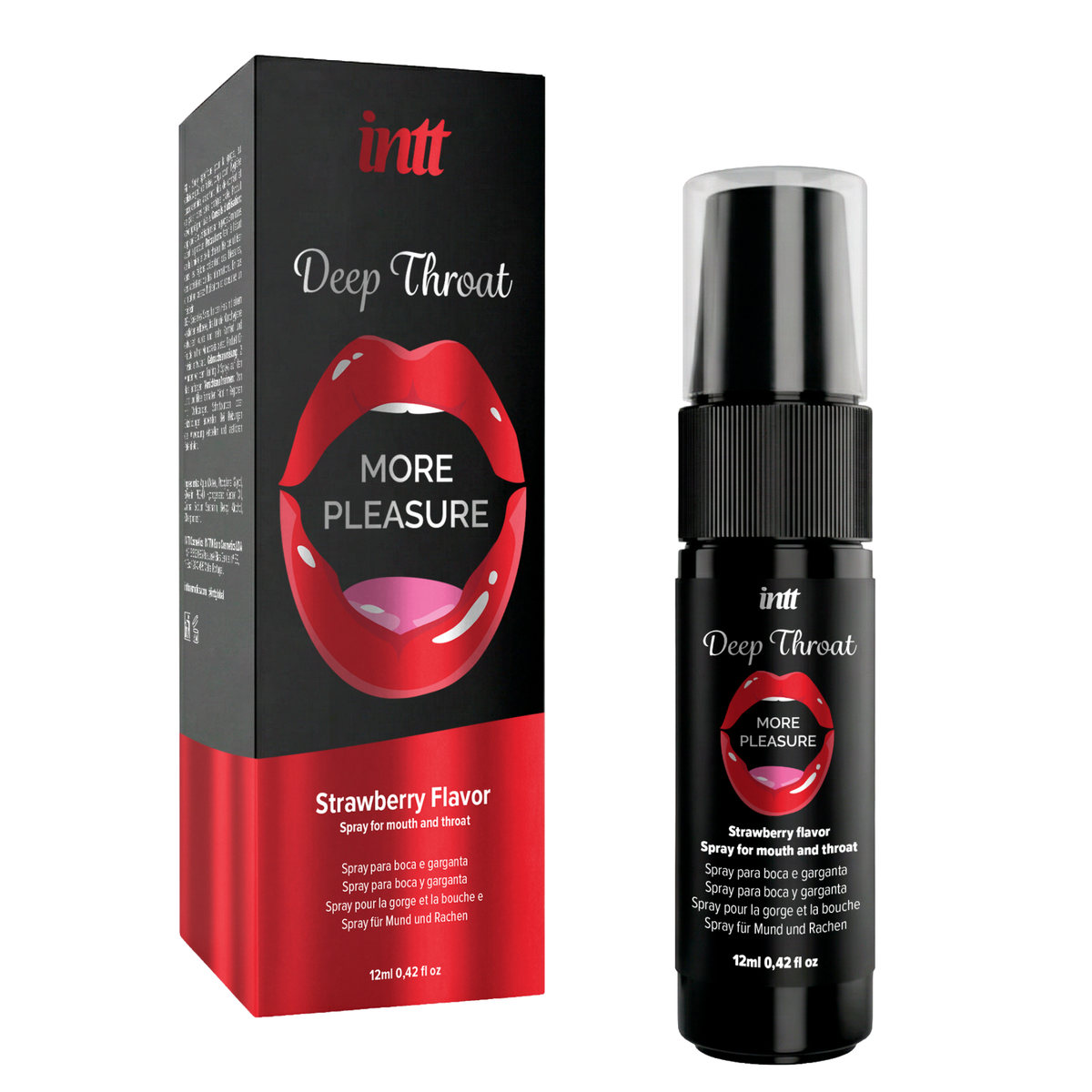 A clean, product-focused shot of the black and red intt Deep Throat Strawberry Oral Spray packaging box alongside the 12 ml black spray bottle, presented on a plain white background. Hauptbild