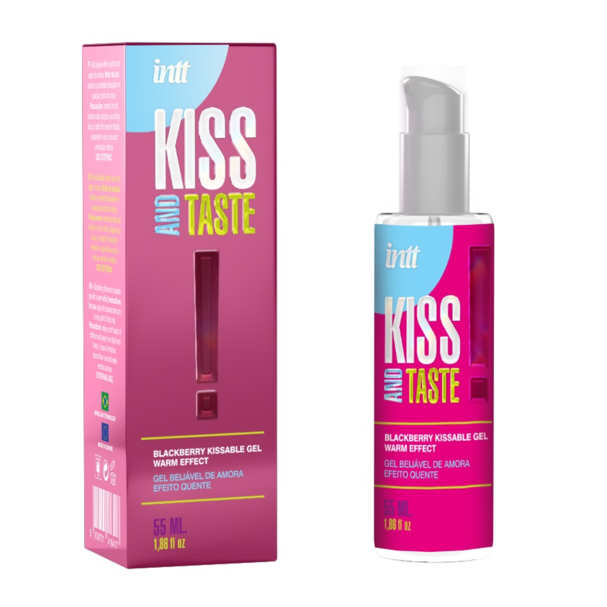 intt Kiss and Taste Blackberry Gel Warming box and product bottle, showing the "Kiss and Taste" logo. Hauptbild