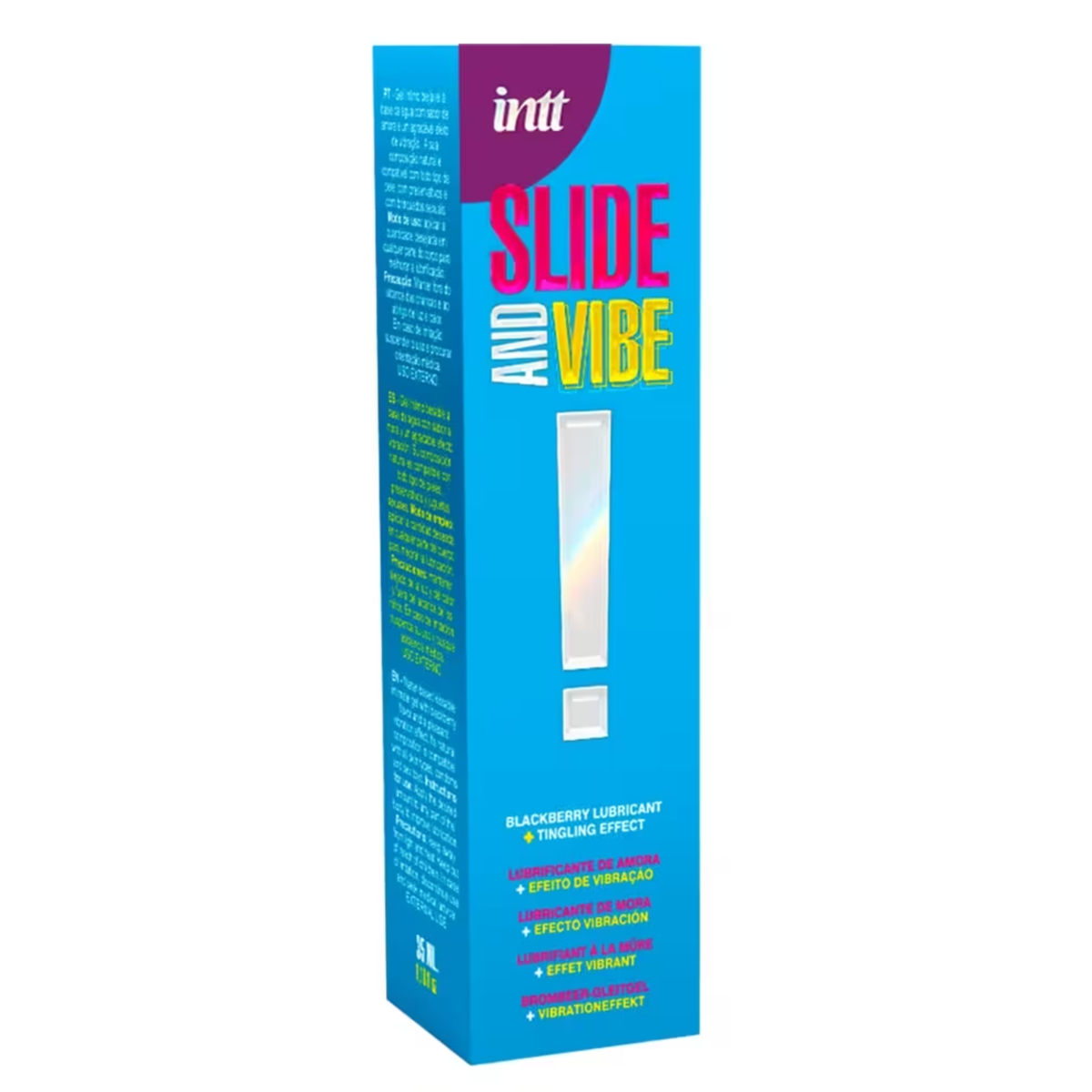 The blue cardboard box for Intt Slide and Vibe with pink and yellow text, indicating it is a Blackberry Lubricant with a Tingling Effect.