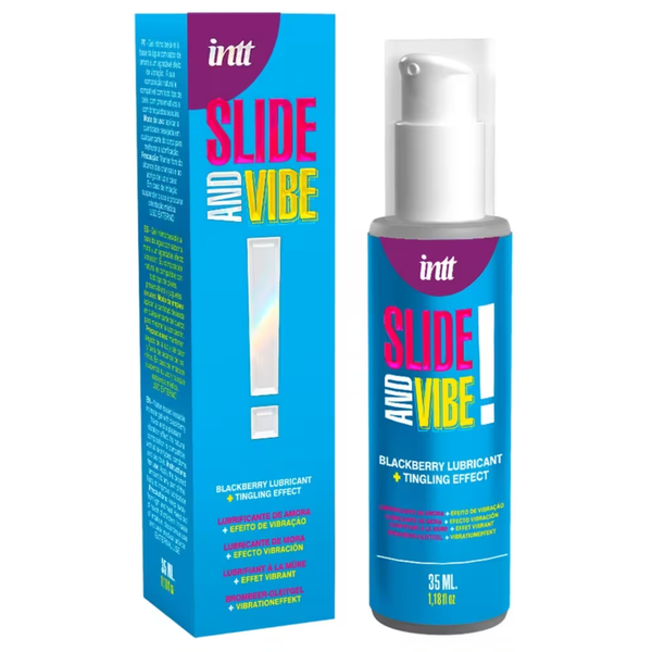 Image showing both the blue Intt Slide and Vibe Blackberry Tingling product box and the matching pump bottle (35 ML / 1.18 fl.oz).