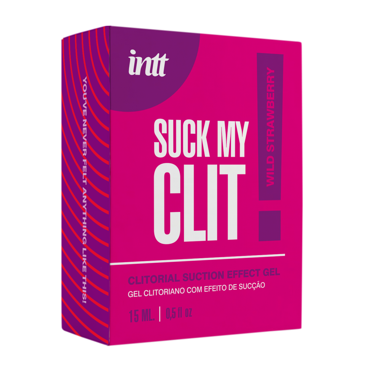 A close-up shot of a hot pink and purple product box for "Intt Suck My Clit" clitoral suction effect gel. The box features bold white lettering and indicates a "Wild Strawberry" flavor and a volume of 15 ml. Hauptbild