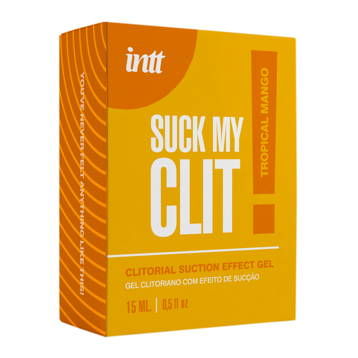 A close-up shot of an orange and yellow product box for "Intt Suck My Clit" clitorial suction effect gel. The box features bold white lettering and indicates a "Tropical Mango" flavor and a volume of 15 ml. Hauptbild