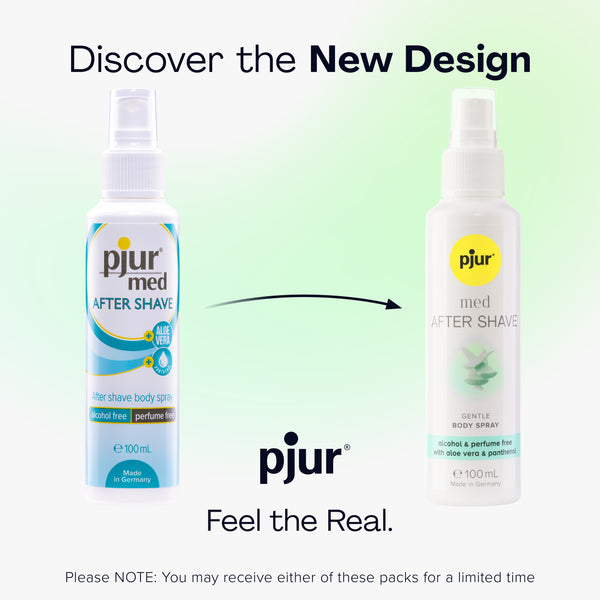 Two white bottles of pjur Med After Shave spray are shown side-by-side, illustrating a design change with an arrow pointing from the older design on the left to the newer design on the right.