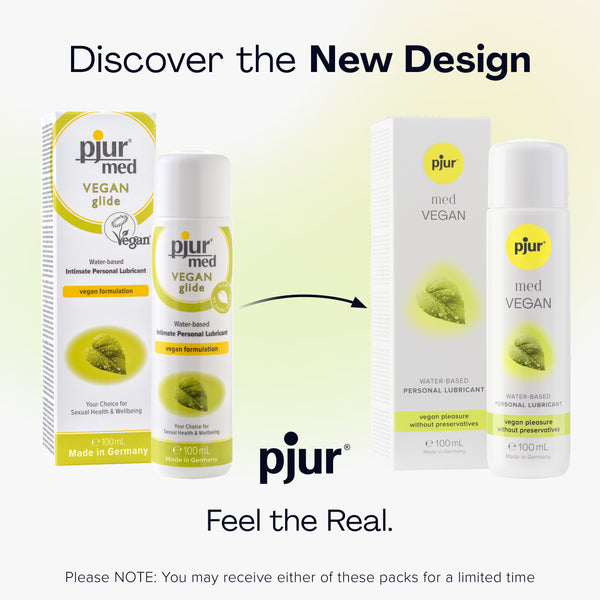 Two packaging designs for pjur med VEGAN glide, showing the old and new versions.