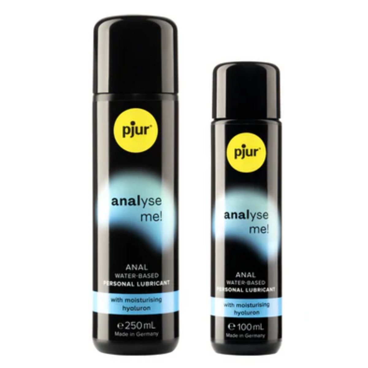 A black bottles of pjur analyse me! anal water-based personal lubricants with a yellow logo and teal accents on a white background. Hauptbild