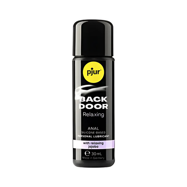 A single black bottle of Pjur Back Door 30ml personal lubricant is centered against a white background. The bottle has a yellow circular "pjur" logo at the top