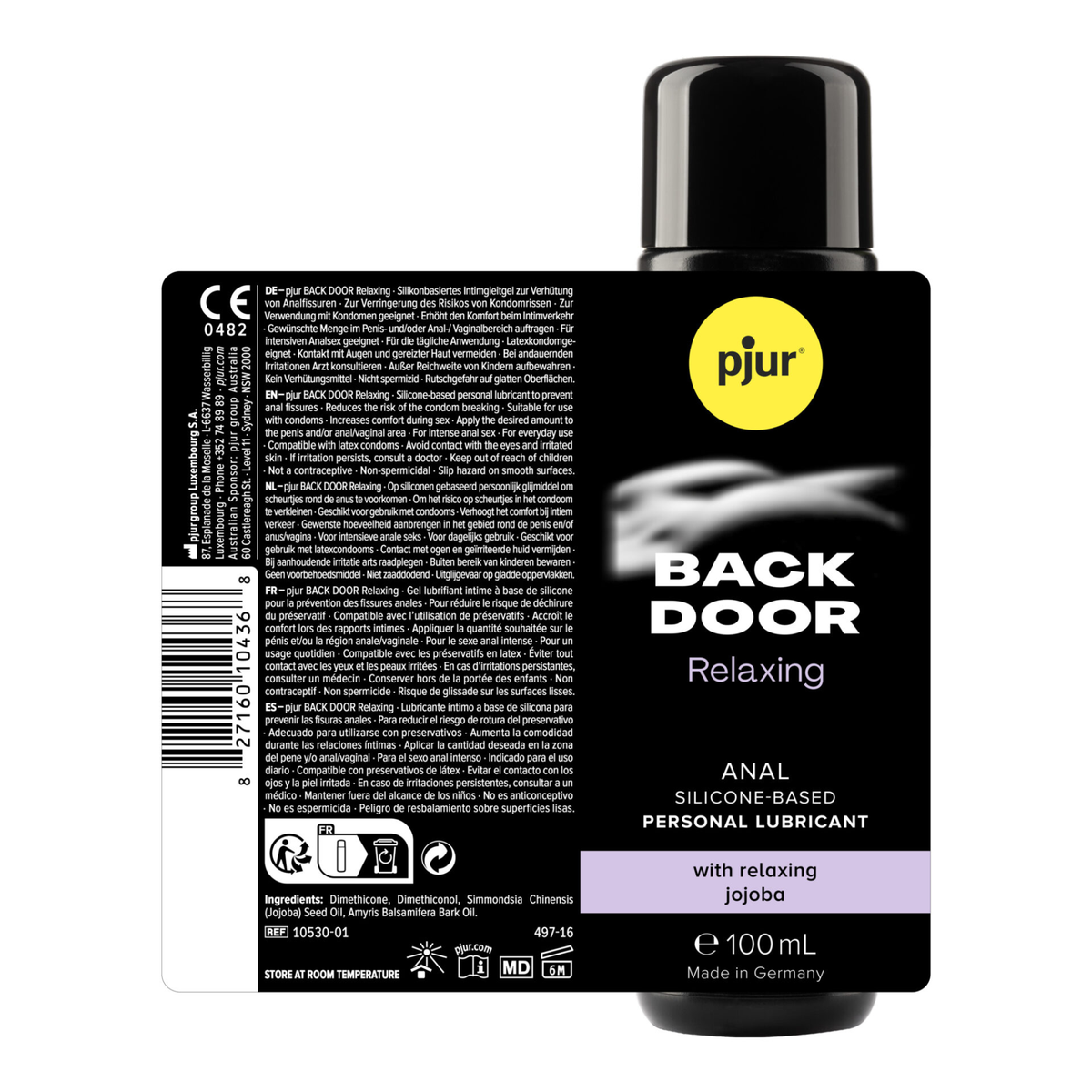 Product photo of pjur Back Door Relaxing Anal Silicone-Based Personal Lubricant with relaxing jojoba, showing the front and back of the bottle with ingredients and usage information.