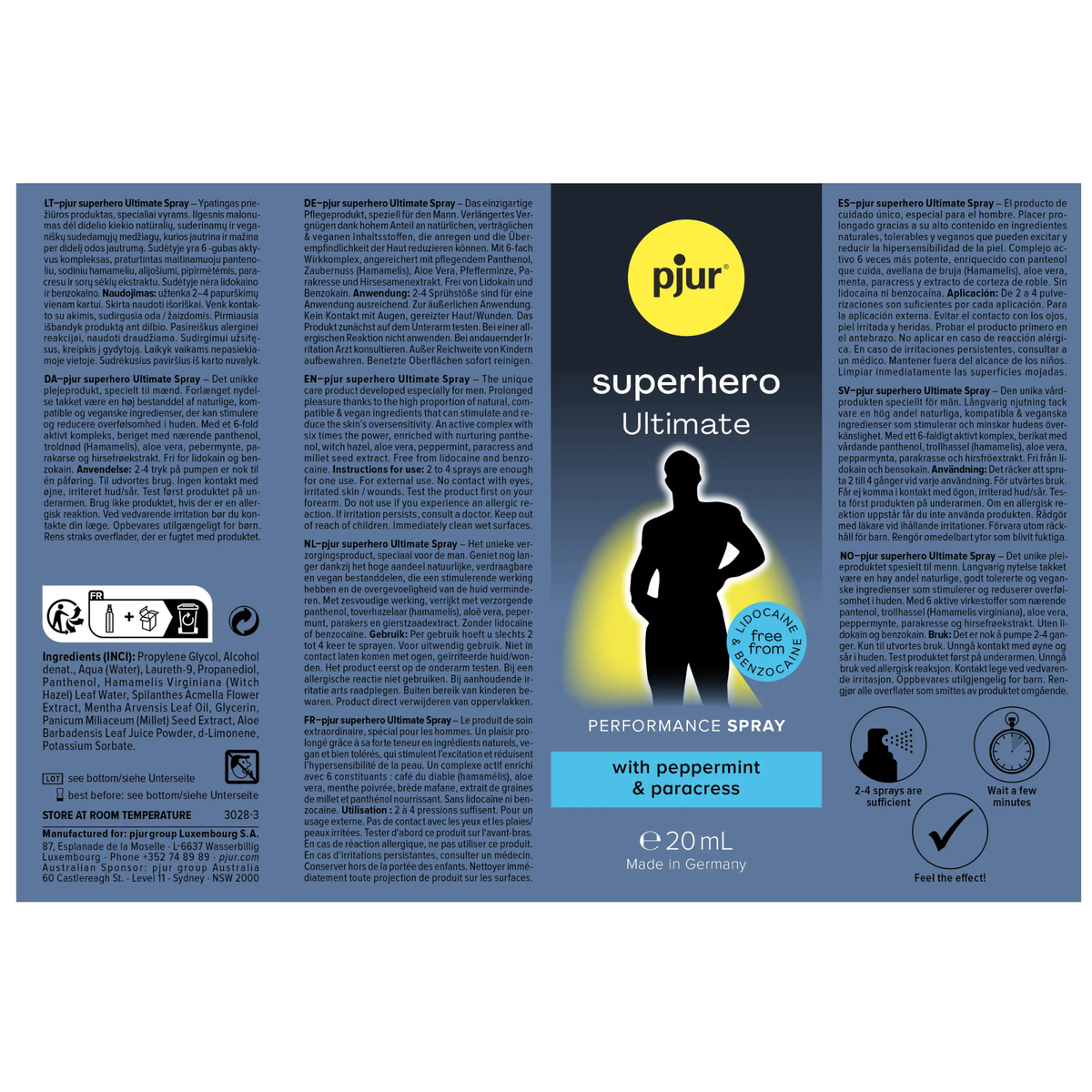 A product image for pjur superhero Ultimate Performance Spray, 20ml bottle, featuring peppermint and paracress. The text on the bottle reads: 'pjur superhero Ultimate performance spray with peppermint & paracress E 20ml Made in Germany LIDOCAINE free from BENZOCAIINE'. The rest of the image contains product descriptions and instructions in multiple languages.