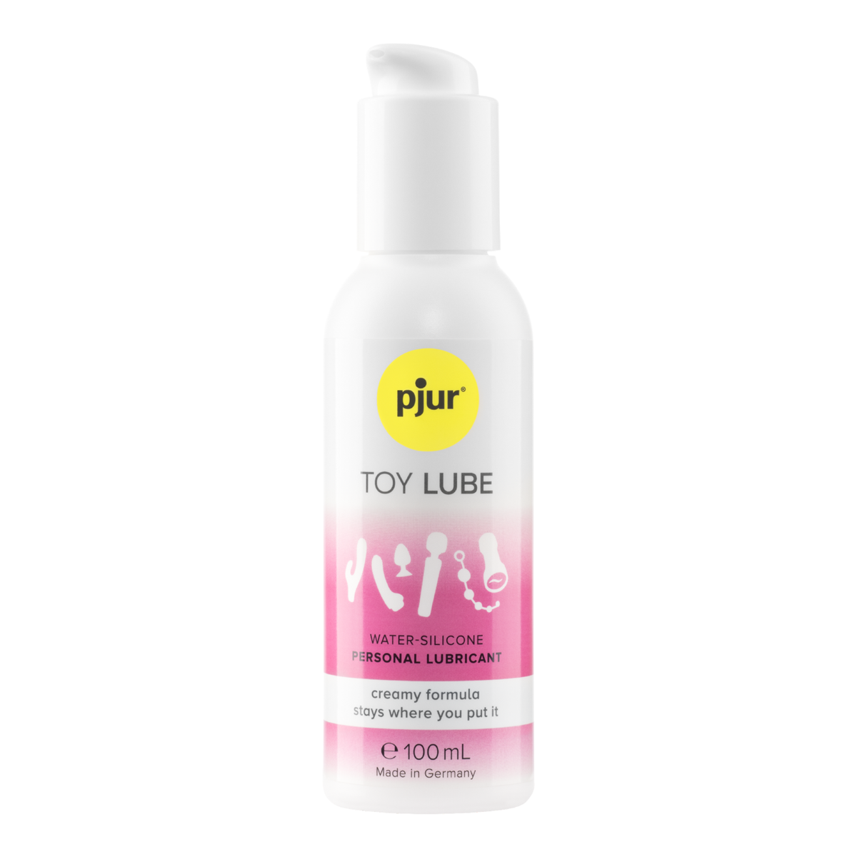 Front studio view of the 100 ml (3.38 fl oz) white pump bottle of Pjur Toy Lube water-silicone personal lubricant with pink branding. Hauptbild