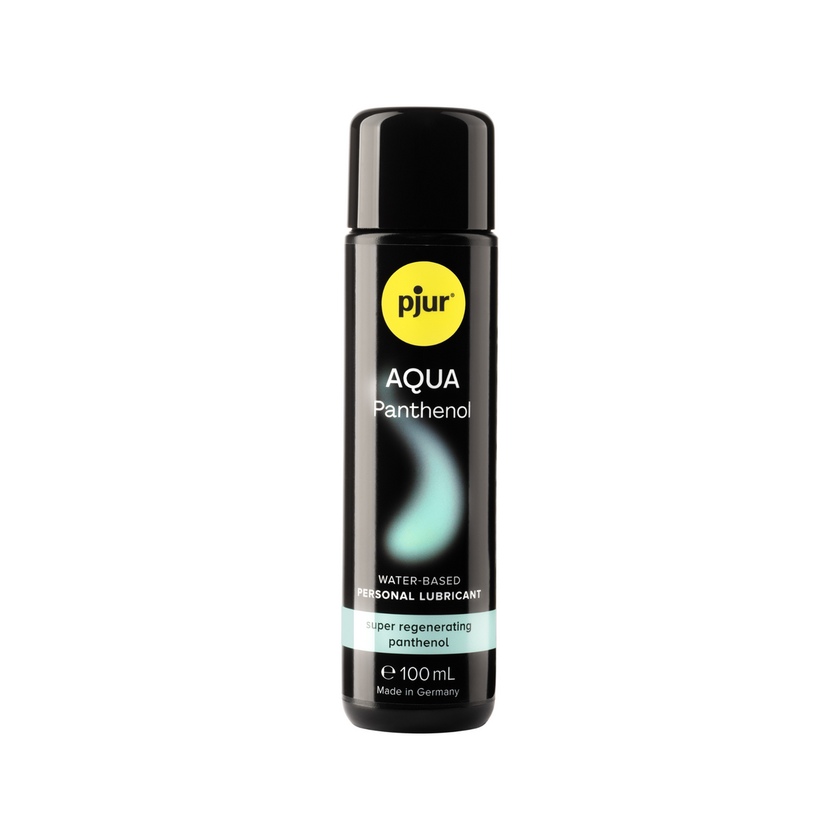 A small, black bottle of pjur AQUA Panthenol water-based personal lubricant 100ml is isolated against a white background.