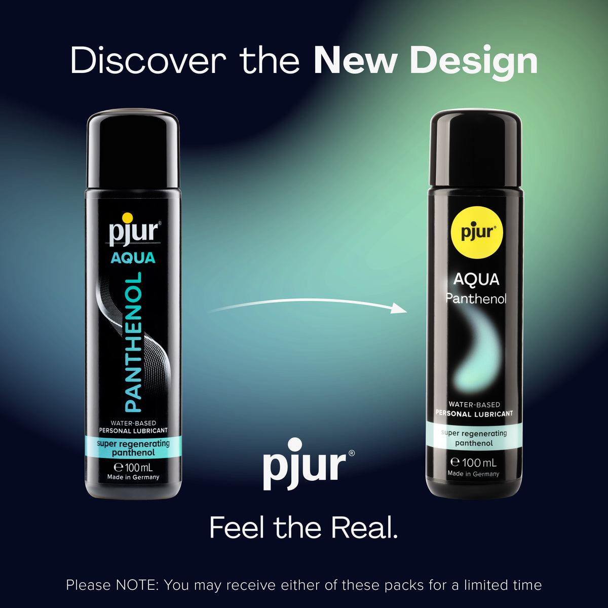 Two bottles of pjur Aqua Panthenol lubricant, showing the old and new packaging designs.