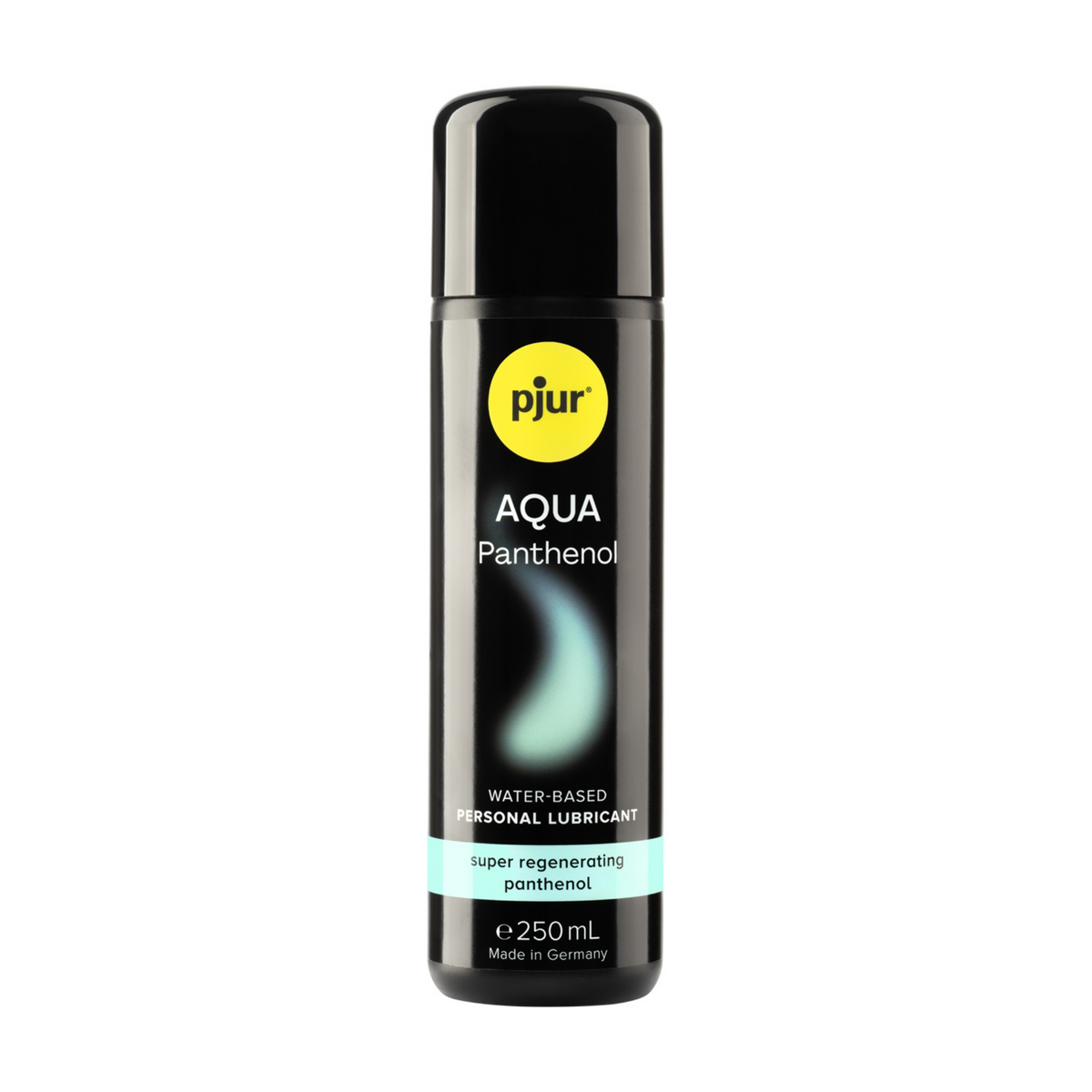 A small, black bottle of pjur AQUA Panthenol water-based personal lubricant 250ml is isolated against a white background.