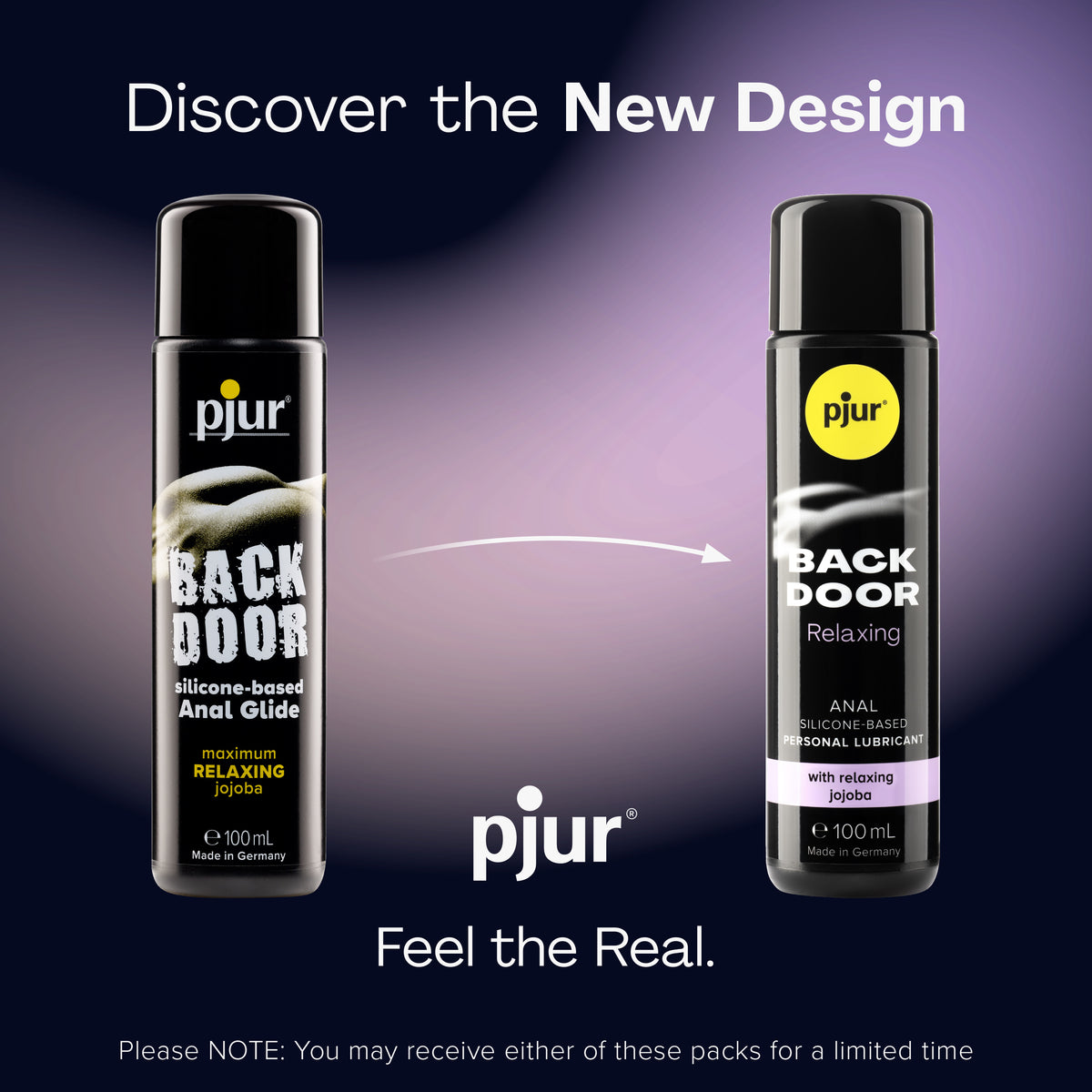 An advertisement displays the "New Design" of Pjur Back Door Relaxing personal lubricant against a gradient purple background. 