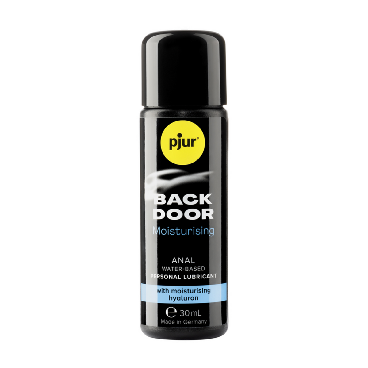 Black 30 ml bottle of plur back door moisturizing product on a white background