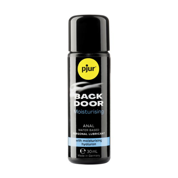 Black 30 ml bottle of plur back door moisturizing product on a white background