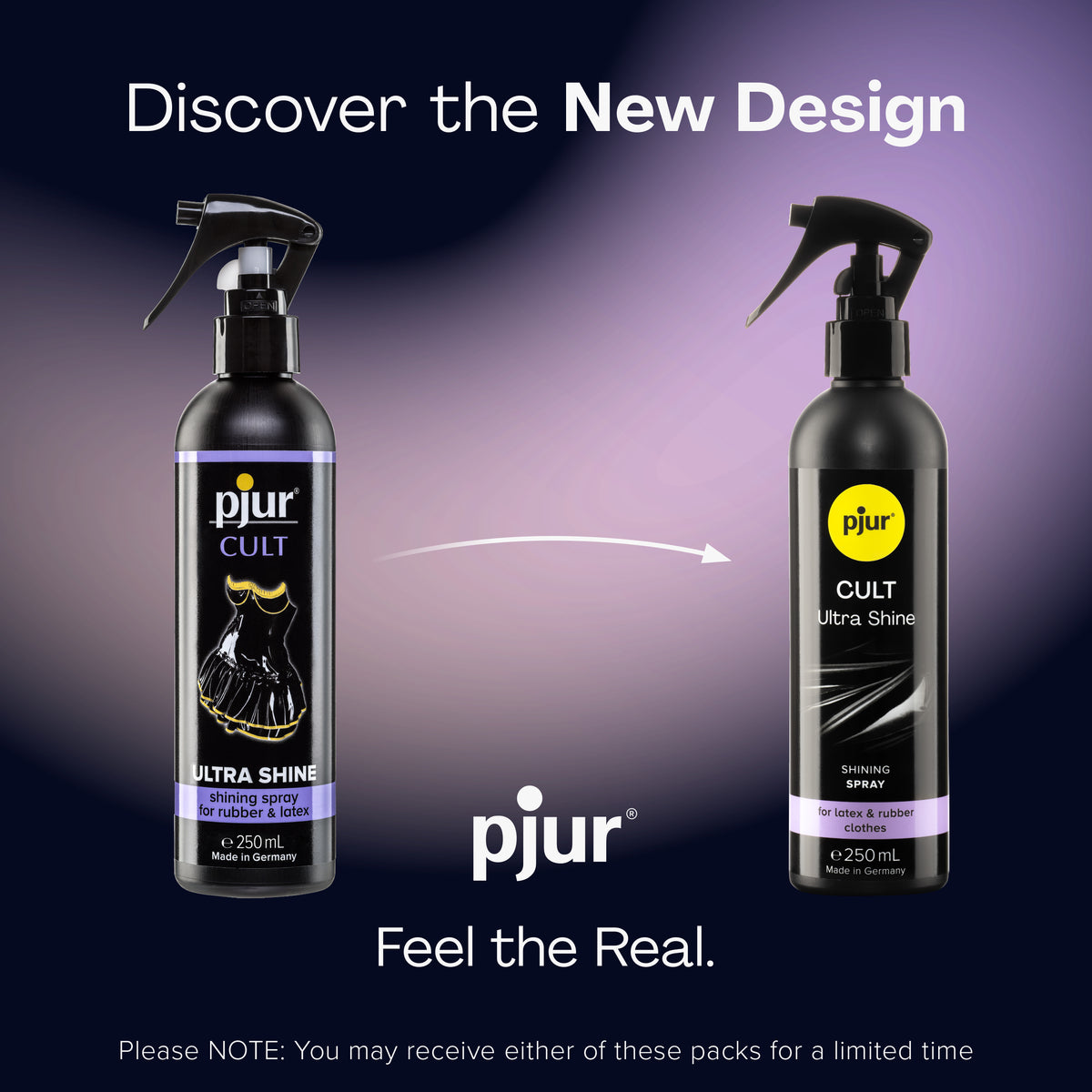 An ad compares the old and new packaging for Pjur Cult Ultra Shine spray.