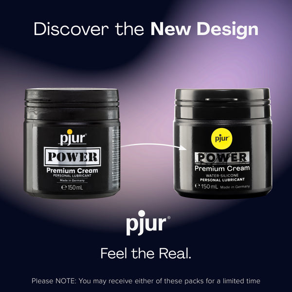 An advertisement titled "Discover the New Design" showcases the older and newer packaging for Pjur Power Premium Cream. 