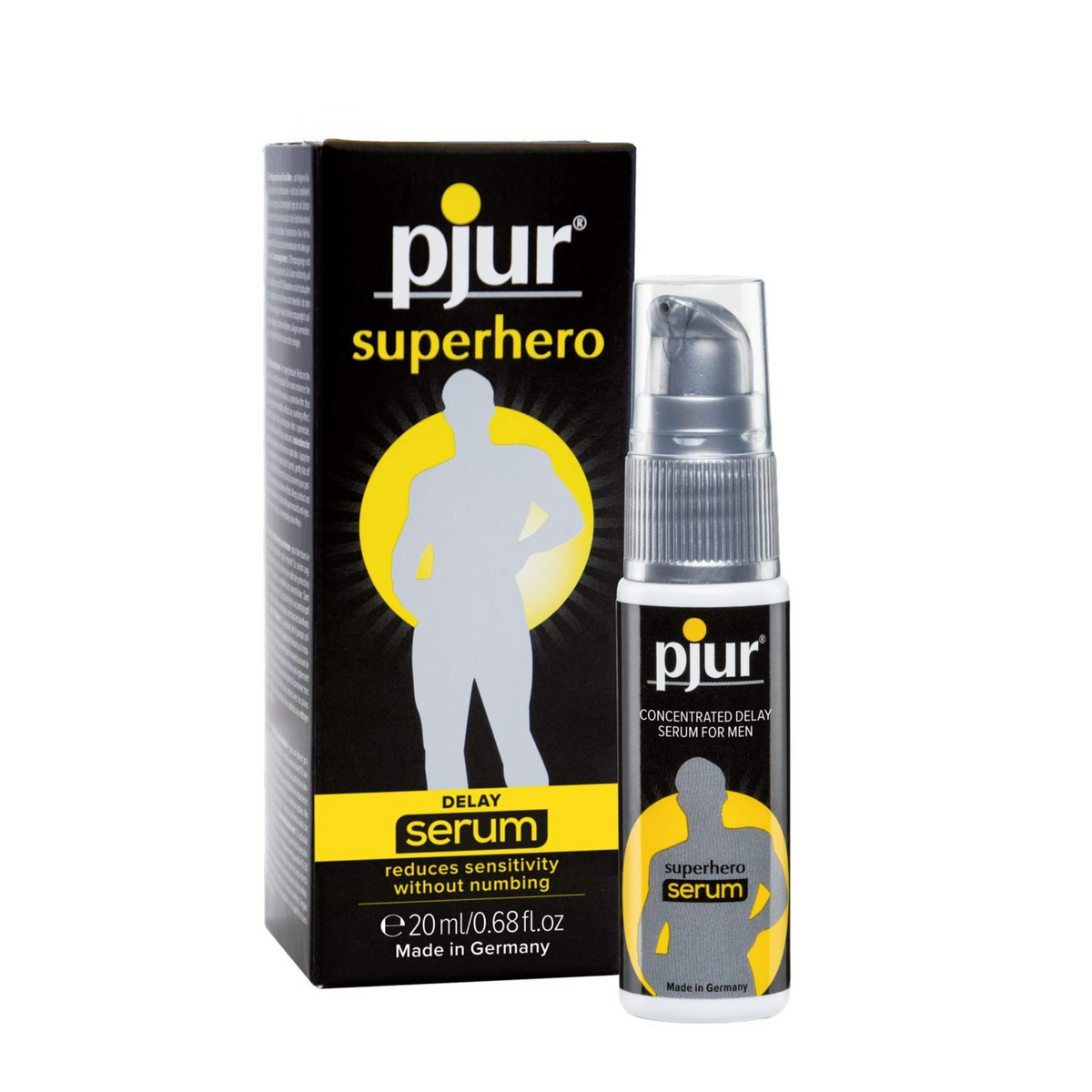 A black box and clear pump bottle of Pjur Superhero Delay Serum are shown against a white background. Hauptbild