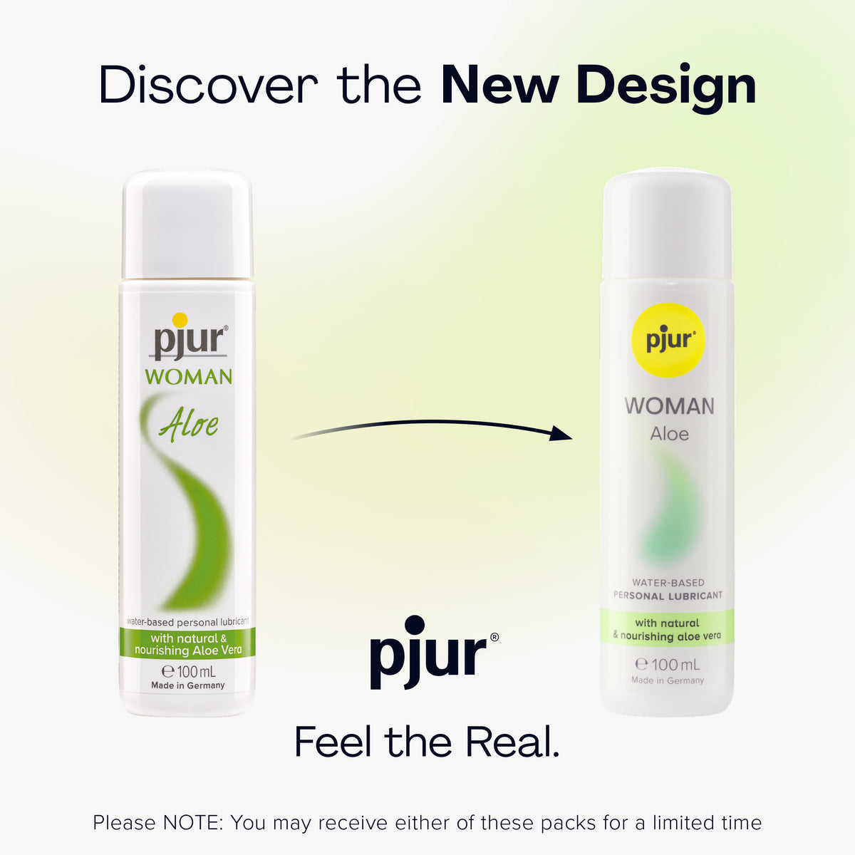 An advertisement titled "Discover the New Design" showcases the older and newer packaging for Pjur Woman ALOE.
